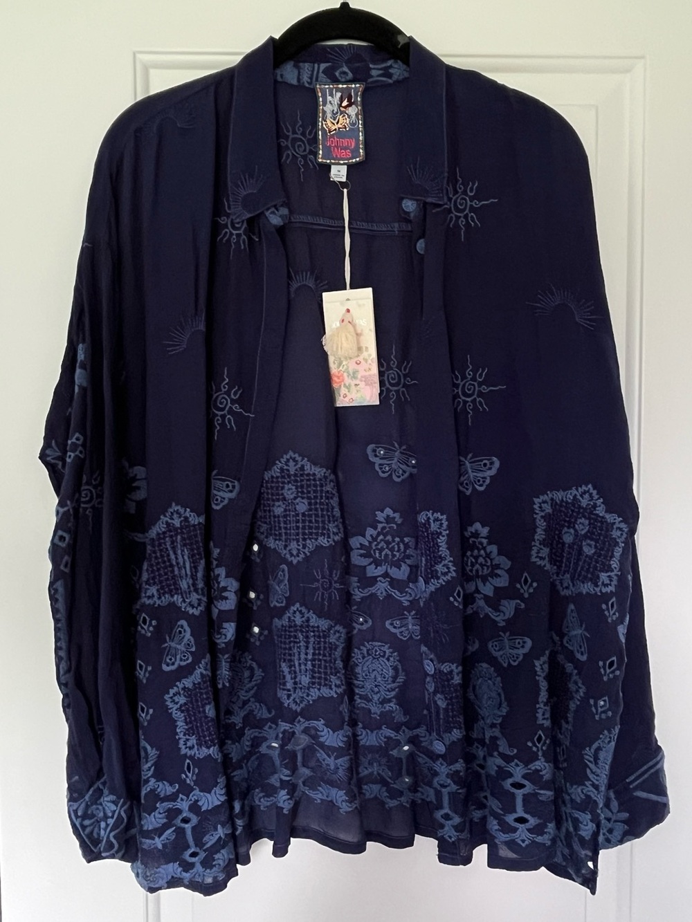 Johnny Was Slim Audrey Button Down Navy Blue Embroidered Detail